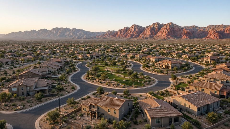 Aerial view of master-planned community homes and park at the base of Las Vegas desert mountains near Skye Summit