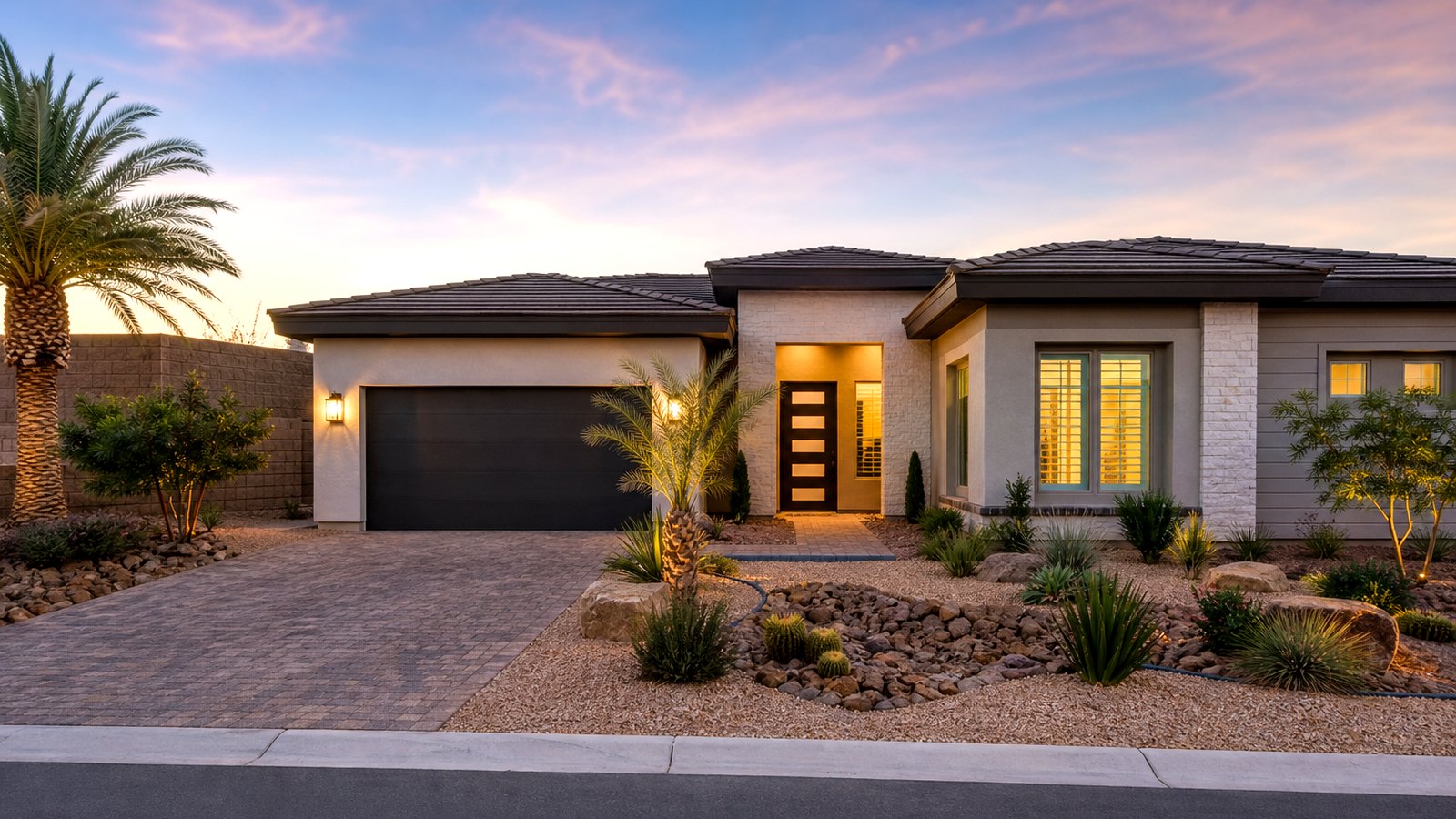 Desert contemporary home ready for sale in northwest Las Vegas near Skye Summit with twilight curb appeal