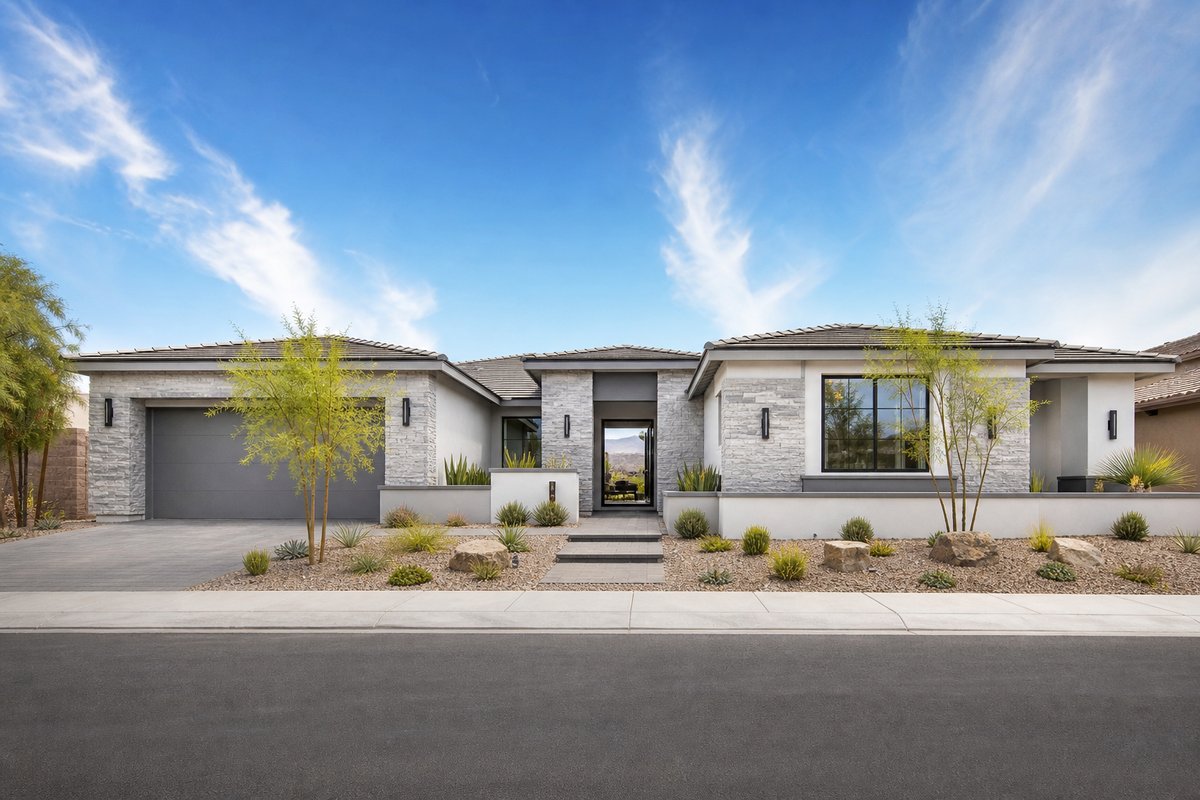 Illustrative single-story new construction home with desert landscaping in Las Vegas