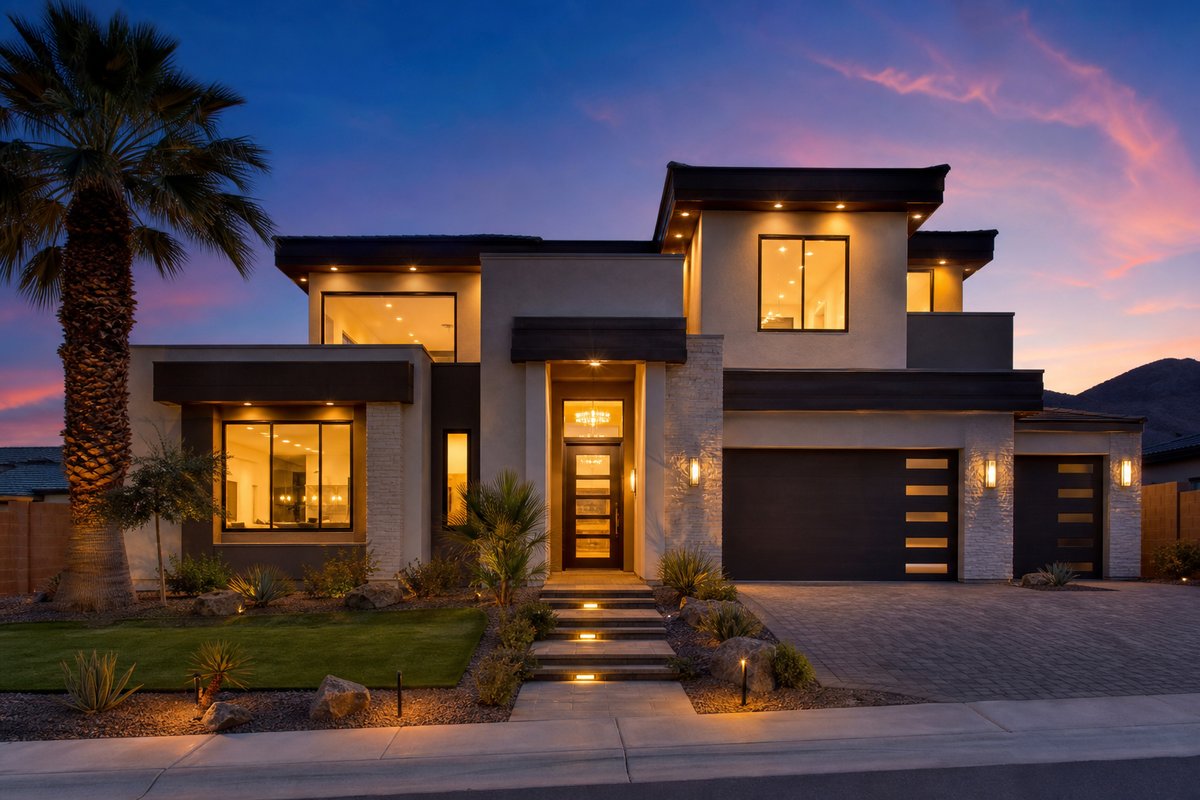 Illustrative luxury new construction home at twilight in the Las Vegas valley