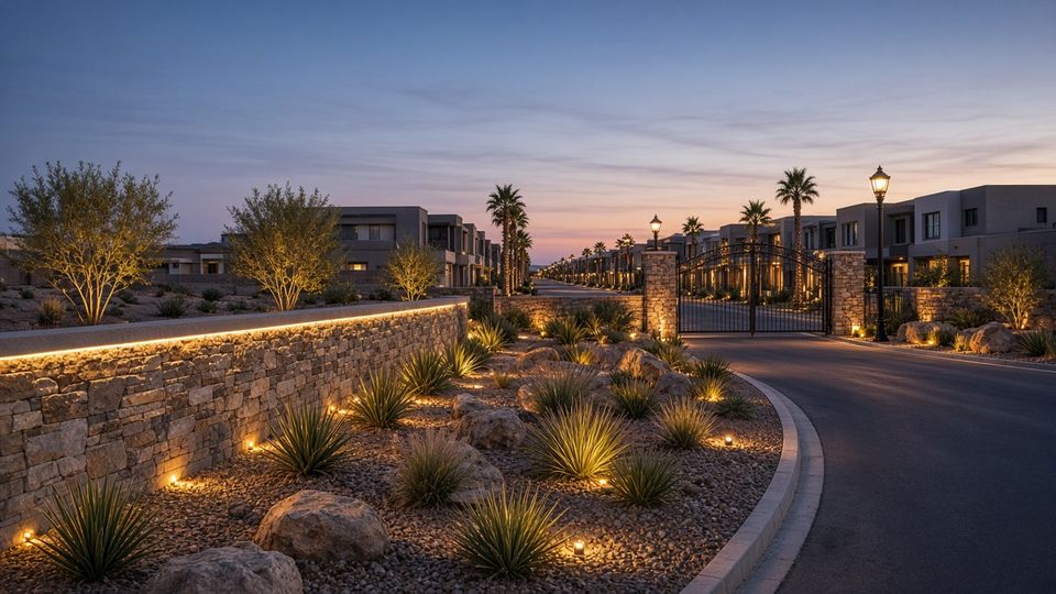 Lighted landscaped community entry in a northwest Las Vegas master-planned neighborhood