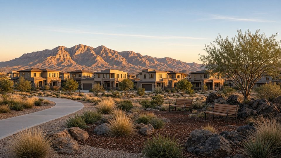 Walking trail and pocket park in a northwest Las Vegas desert neighborhood near Skye Summit