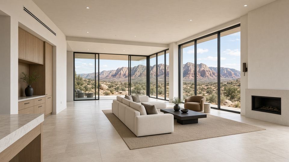 Desert contemporary great room representing Skye Summit new construction Las Vegas