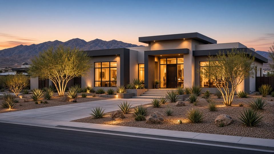 Twilight desert home curb appeal for Skye Summit seller marketing in Las Vegas
